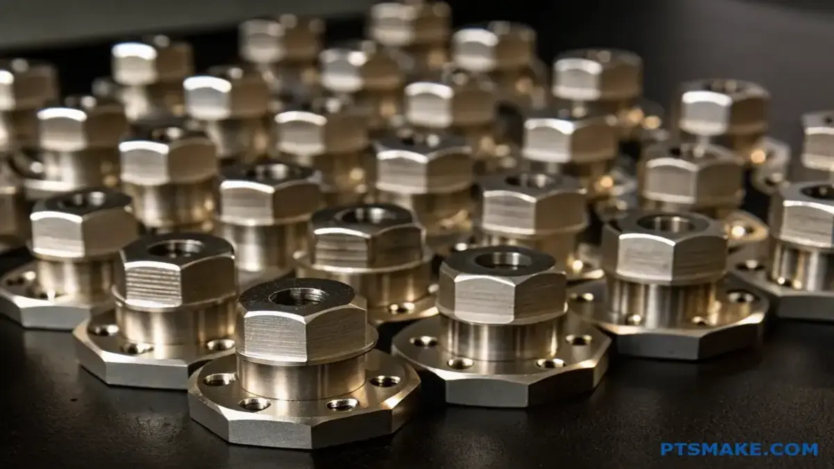 Multiple machined metal nuts arranged in rows on a dark surface.
