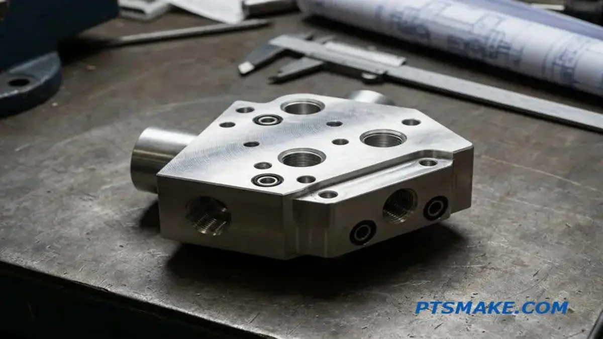 Machined metal component with multiple holes and ports on a workshop table.
