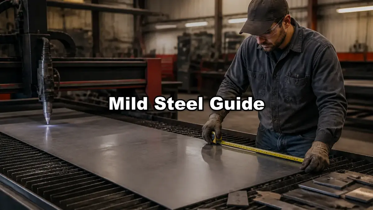 Person measuring large metal sheet with tape measure in industrial workshop environment.
