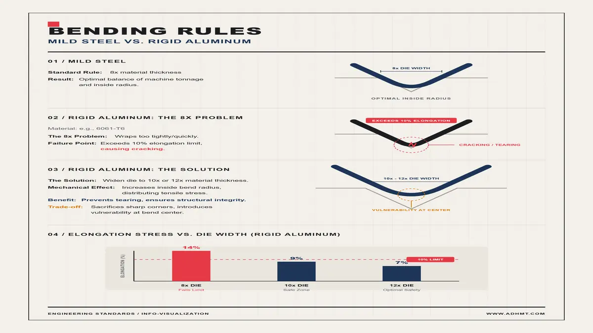 Diagram comparing bending rules for mild steel and rigid aluminum with illustrations of bending outcomes.