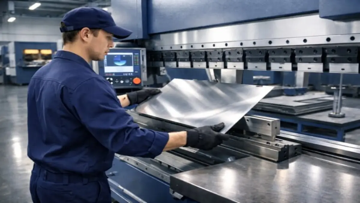 Worker operating a press brake machine, positioning a sheet metal plate for bending.