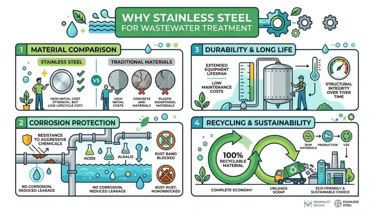 Infographic illustrating stainless steel benefits in wastewater treatment: durability, corrosion protection, material comparison, and recycling.