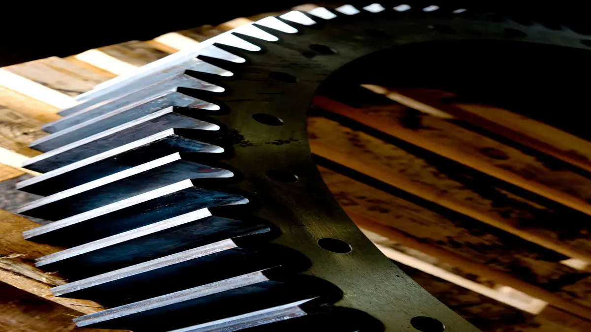 Large metal gear with visible holes and sharp teeth, lit dramatically against wooden planks.