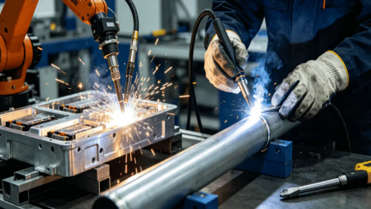 Robotic and manual welding on metal parts with sparks flying in an industrial workshop.