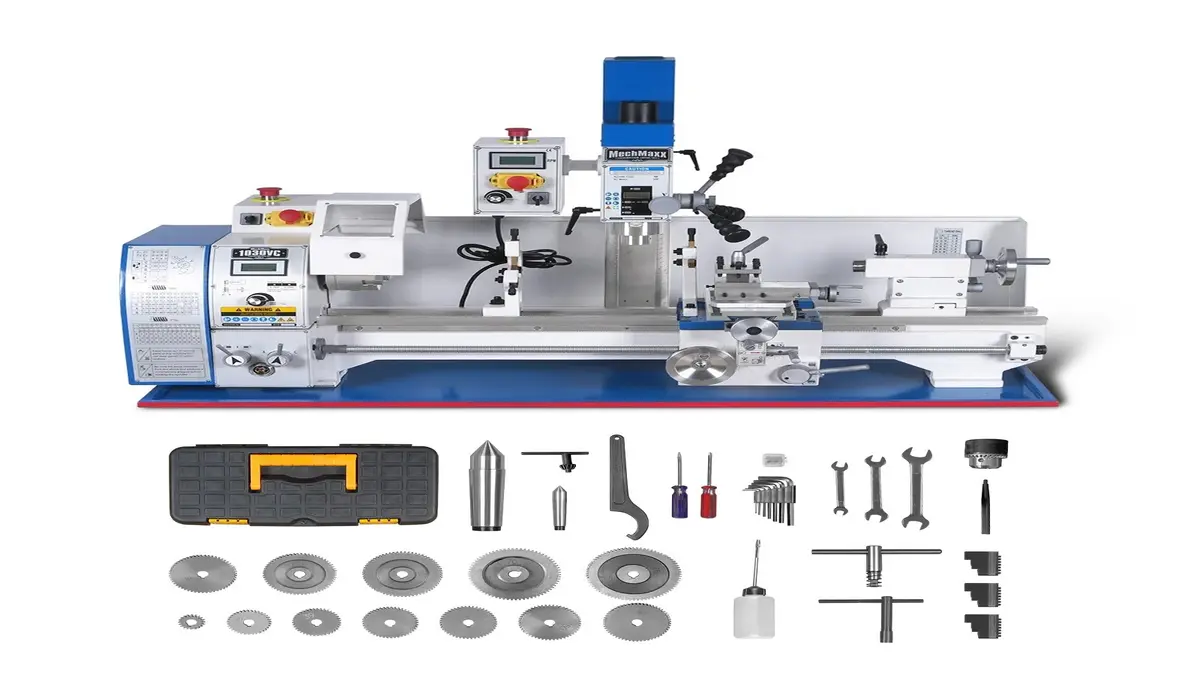 Metal lathe and milling machine with digital controls, surrounded by assorted cutting tools and accessories.